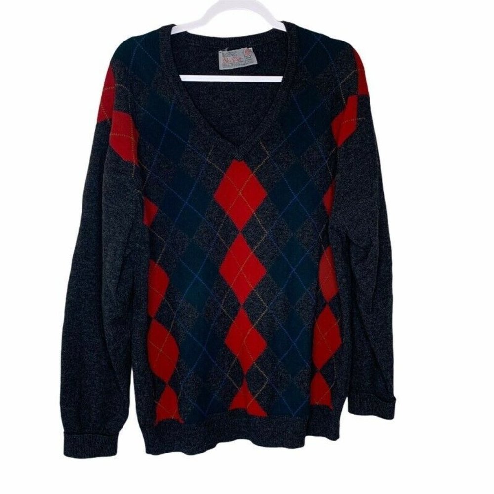 Peter Scott Mens Sweater Gray Red Wool V Neck 100% XL Christmas Vintage Scotland
